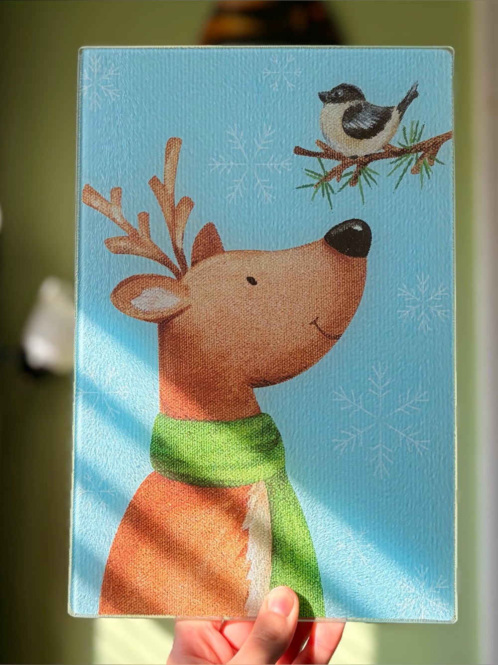 Holiday Reindeer With Bird Winter Scene Glass Cheese Board Display